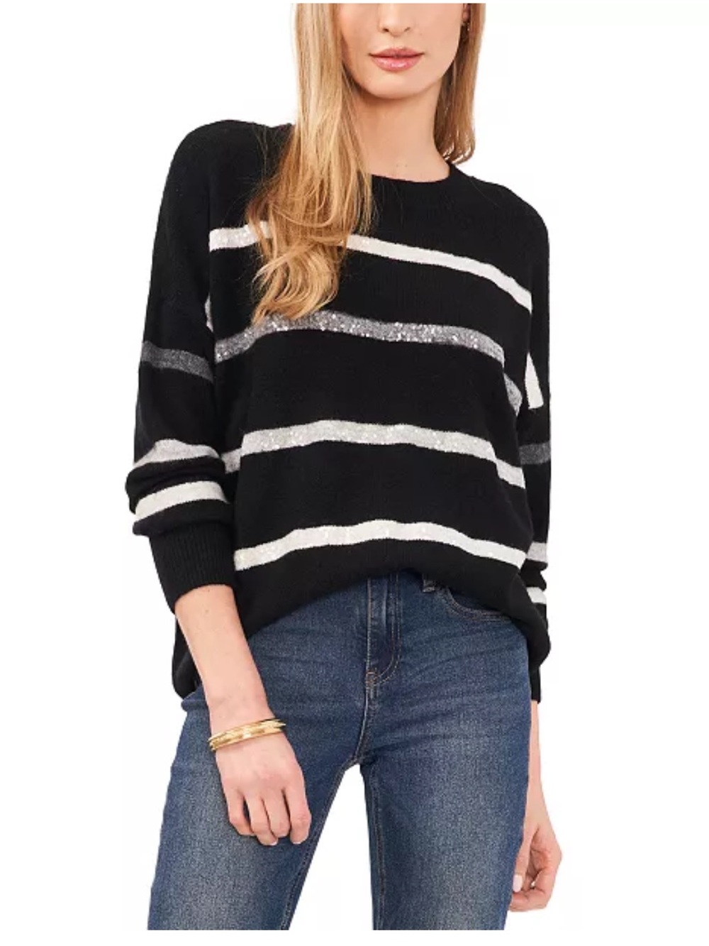 Vince Camuto Women's Cozy Crewneck Sequin-Stripe Long-Sleeve Sweater